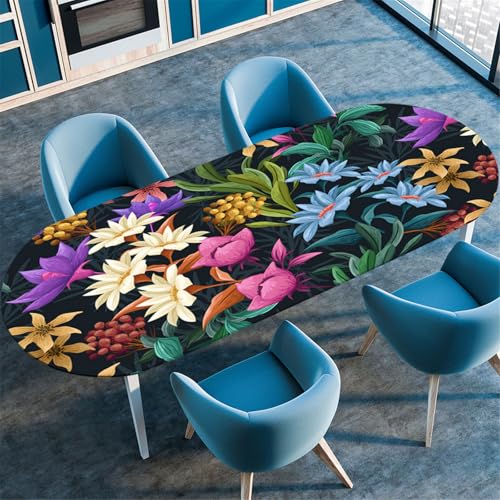 Odot Waschbare Elastische Runde Tischdecke Oval Abwaschbar Spanntischdecke Oval Gartentischdecke Outdoor Oval Tischdecke mit Gummizug, Klassiker Blumen (137x183cm,Schwarz) von Odot