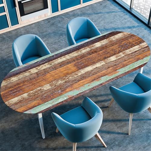 Odot Waschbare Elastische Runde Tischdecke Oval Abwaschbar Spanntischdecke Oval Gartentischdecke Outdoor Tischdecke mit Gummizug, 3D Holzmaserung (Blaugrün,91x152cm) von Odot