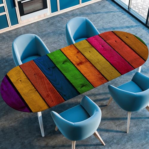 Odot Waschbare Elastische Runde Tischdecke Oval Abwaschbar Spanntischdecke Oval Gartentischdecke Outdoor Tischdecke mit Gummizug, 3D holzmaserung (Regenbogen,122x173cm) von Odot