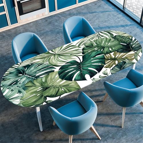 Odot Waschbare Elastische Runde Tischdecke Oval Abwaschbar Spanntischdecke Oval Gartentischdecke Outdoor Tischdecke mit Gummizug, Einfache Blätter (Monstera,91x152cm) von Odot