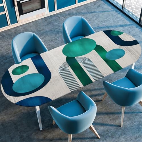 Odot Waschbare Elastische Runde Tischdecke Oval Abwaschbar Spanntischdecke Oval Gartentischdecke Outdoor Tischdecke mit Gummizug, Klassiker Geometrie (Grün Blau,114x142cm) von Odot