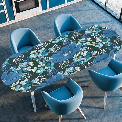 Odot Waschbare Elastische Runde Tischdecke Oval Abwaschbar Spanntischdecke Oval Gartentischdecke Outdoor Tischdecke mit Gummizug - 3D Blumendruck (Blau elegant,122x173cm) von Odot