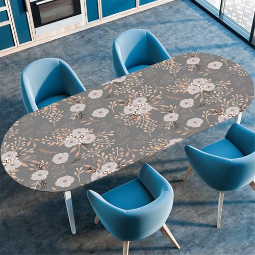 Odot Waschbare Elastische Runde Tischdecke Oval Abwaschbar Spanntischdecke Oval Gartentischdecke Outdoor Tischdecke mit Gummizug - 3D Blumendruck (Graue Blätter,107x152cm) von Odot
