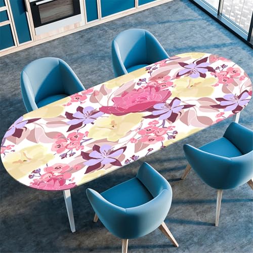 Odot Waschbare Elastische Runde Tischdecke Oval Abwaschbar Spanntischdecke Oval Gartentischdecke Outdoor Tischdecke mit Gummizug - 3D Blumendruck (Rosa Lila,91x152cm) von Odot