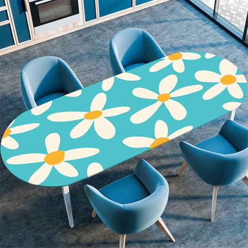 Odot Waschbare Elastische Runde Tischdecke Oval Abwaschbar Spanntischdecke Oval Gartentischdecke Outdoor Tischdecke mit Gummizug - 3D Frühlingsblumen (Blau,91x152cm) von Odot