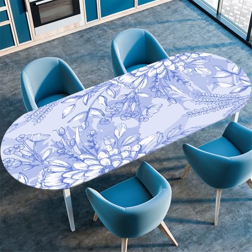 Odot Waschbare Elastische Runde Tischdecke Oval Abwaschbar Spanntischdecke Oval Gartentischdecke Outdoor Tischdecke mit Gummizug - 3D Frühlingsblumen (Blaue Pflanzen,107x152cm) von Odot