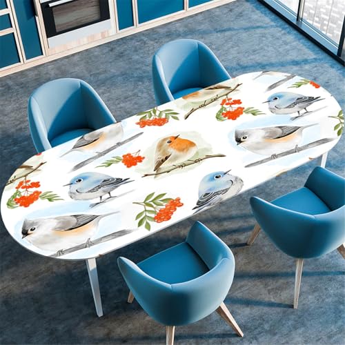 Odot Waschbare Elastische Runde Tischdecke Oval Abwaschbar Spanntischdecke Oval Gartentischdecke Outdoor Tischdecke mit Gummizug - 3D Frühlingsblumen (Vögelchen,107x152cm) von Odot
