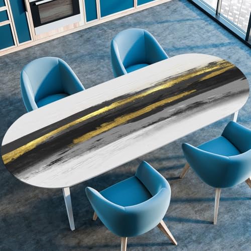 Odot Waschbare Elastische Runde Tischdecke Oval Abwaschbar Spanntischdecke Oval Gartentischdecke Outdoor Tischdecke mit Gummizug 3D Modern Drucke (Gold,107x183cm) von Odot