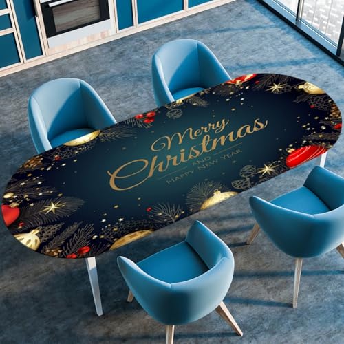 Odot Weihnachten Waschbare Elastische Runde Tischdecke Oval Abwaschbar Spanntischdecke Oval Gartentischdecke Outdoor Tischdecke mit Gummizug, (Gold,132x274cm) von Odot