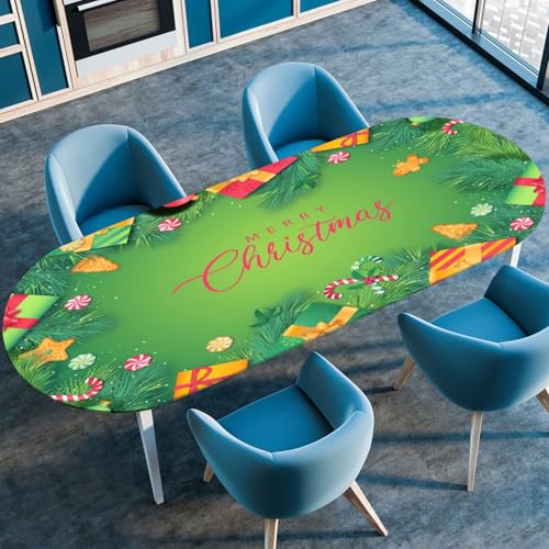 Odot Weihnachten Waschbare Elastische Runde Tischdecke Oval Abwaschbar Spanntischdecke Oval Gartentischdecke Outdoor Tischdecke mit Gummizug, (Grün,132x274cm) von Odot