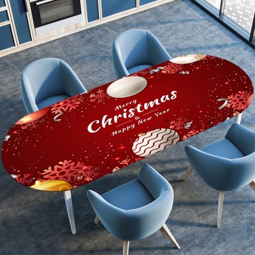 Odot Weihnachten Waschbare Elastische Runde Tischdecke Oval Abwaschbar Spanntischdecke Oval Gartentischdecke Outdoor Tischdecke mit Gummizug, (Rot,114x142cm) von Odot