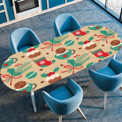 Odot Weihnachten Waschbare Elastische Runde Tischdecke Oval Abwaschbar Spanntischdecke Oval Gartentischdecke Outdoor Tischdecke mit Gummizug, Karikatur Weihnachten (Keks,132x274cm) von Odot