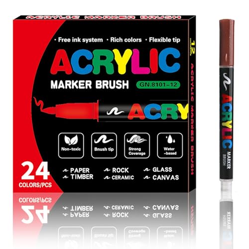 Odoukey 24 Farben Acrylfarbenset, weiche Pinselspitze Acrylfarbe Stifte für Malerei, Stoff, Holz, Keramik, Stein, Glas, Leinwand von Odoukey
