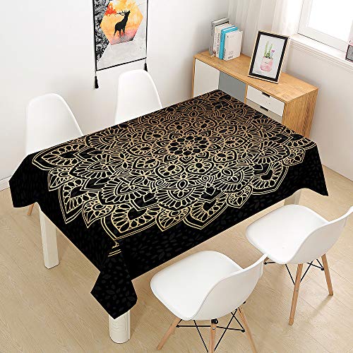 Oduo Tischdecke Wasserdicht Polyester Rechteckig, 3D Orientalischer Mandala-Stil Tischdecke Pflegeleicht Fleckschutz Abwaschbar Indoor Küche Outdoor Garten Deko (schwarzes Gold,100x140cm) von Oduo