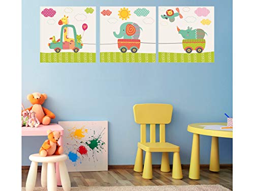 Oedim - 3er-Pack Kinderbilder Umweltfreundlicher Karton Tiere im Auto | 40 x 40 cm | Dekoration Zimmer Elegantes Design | Kanten bedruckt | von Oedim