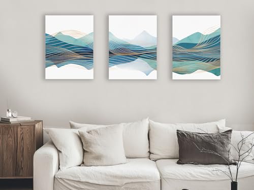 Oedim Set mit 3 Gemälden, blaue Berge und Hügel mit goldenen Wellen, 30 x 40 cm, vorgefertigte Leinwand, Wanddekoration, elegant und leicht von Oedim
