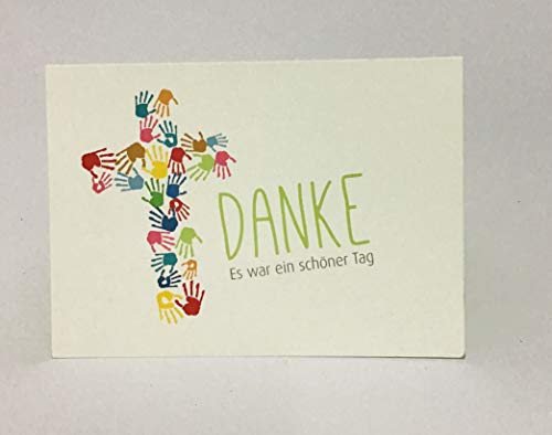 20 Hochwertige Danksagungskarten Doppelkarte - Klappkarte „Danke“ Kommunion"Kreuz aus Kinderhänden" C6 mit farbigem Umschlag von Oermann