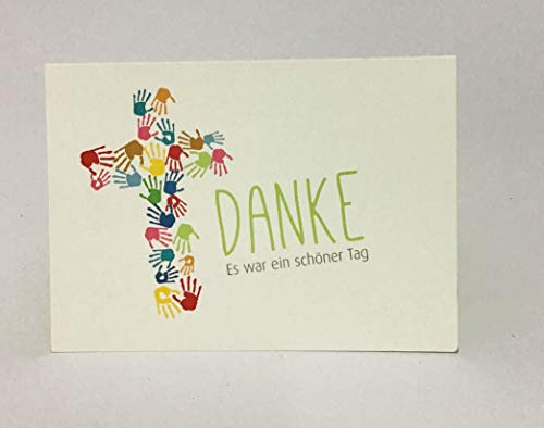 5 Hochwertige Danksagungskarten Doppelkarte - Klappkarte „Danke“ Kommunion "Kreuz aus Kinderhänden" C6 mit farbigem Umschlag von Oermann