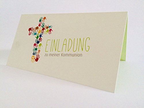 Hochwertige Einladungskarten zur Kommunion aus Naturpapier 5 Stück (Kreuz aus bunten Kinderhänden) mit Innentext „Einladung zu meiner Kommunion“ von Oermann