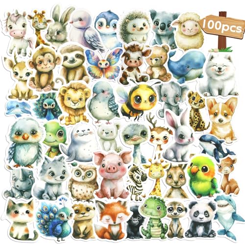 100 Stück Tiere Kinder Vinyl Wasserdichte Sticker Aquarell Tiere Stickers Set Süße Tiersticker Aufkleber Stickers Set für Laptop,Telefon,Wasserflasche,Fahrrad,Koffer,DIY Deko,Scrapbook von Oerphh