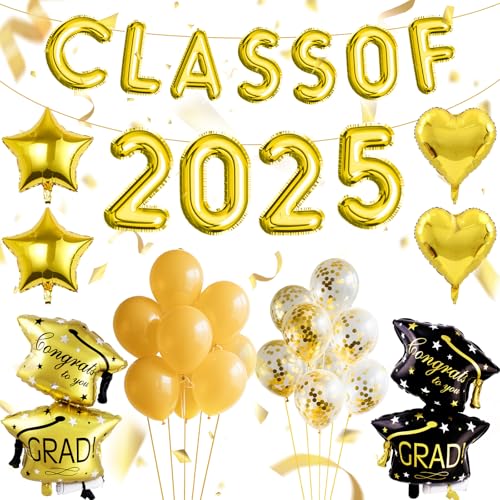 38-teiliges Abschluss-Ballon-Set, Klasse 2025, Folien-Buchstabenbanner, Herz-Ballons, Goldfolien-Abschlussdekorationen für Abschluss-Party-Dekorationen von Oerphh