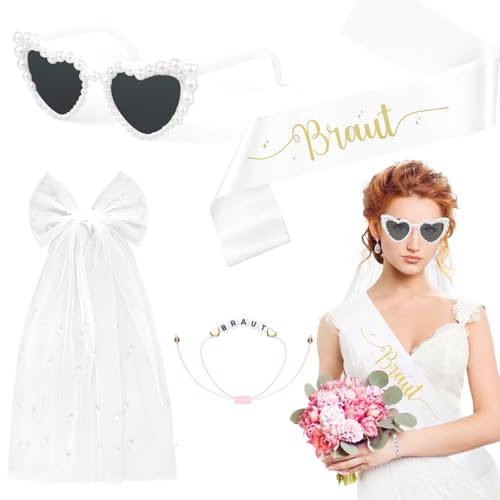 4 Stück JGA Accessoires Frauen, Schleier JGA Weiße,Bride to Be Schärpe, JGA Armbänder, Herz Sonnenbrille Perle, Junggesellenabschied Frauen für Bachelorette Party Hochzeit Fotorequisiten 4 Stück JGA Accessoires Frauen, Schleier JGA Weiße,Bride to Be Schärpe, JGA Armbänder, Herz Sonnenbrille Perle, Junggesellenabschied Frauen für Bachelorette Party Hochzeit Fotorequisiten von Oerphh