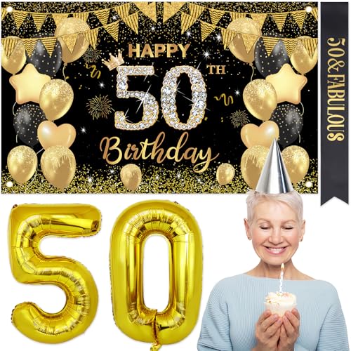 Dekoration zum 50. Geburtstag für Männer und Frauen, großes Banner zum 50. Geburtstag, 180 x 110 cm, Schwarz und Gold, Party-Dekorationsset, Partyzubehör für Erwachsene Dekoration zum 50. Geburtstag für Männer und Frauen, großes Banner zum 50. Geburtstag, 180 x 110 cm, Schwarz und Gold, Party-Dekorationsset, Partyzubehör für Erwachsene von Oerphh