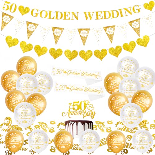 Dekorationsset zum 50. Hochzeitstag, Partyzubehör mit "Happy 50th Party-Banner, 50 Luftballons zum goldenen Jahrestag, Kuchendekoration, Dreiecksflaggen, Schärpe und Konfetti von Oerphh
