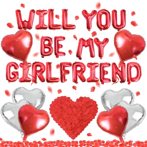 Will You Be My Girlfriend Luftballons Dekorationen, Rote Liebe Herz Folienballons mit roten Buchstaben Künstliche Rosenblätter, Valentinstag Ballon Dekorationen für Geständnis Thema Party Dekor Will You Be My Girlfriend Luftballons Dekorationen, Rote Liebe Herz Folienballons mit roten Buchstaben Künstliche Rosenblätter, Valentinstag Ballon Dekorationen für Geständnis Thema Party Dekor von Oerphh