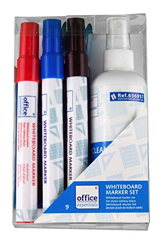 Whiteboard Marker Set - 3 Marker in Schwarz Rot Blau + 1 magnetischer Schwamm + 100ml Reinigungsspray + 4 Magnete - Zubehör Set geeignet für jedes Whiteboard - perfektes Starterset von Office Essentials