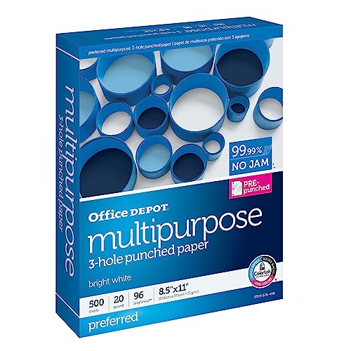 Office Depot® Premium-Drucker- und Kopierpapier, 3-fach gelocht, 1 Ries, Weiß, Buchstabe (21,6 x 27,9 cm), 500 Blatt pro Ries, 9 kg, 96 Helligkeit von Office Depot