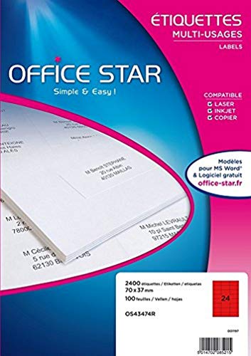 OFFICE STAR - Box mit 2400 Etiketten, selbstklebend, vielseitig einsetzbar, personalisierbar, bedruckbar, Format 70 x 37 mm, Laser-/Tintenstrahldruck, (OS43474R) von Office Star Products