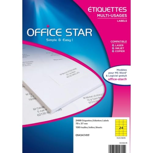 OFFICE STAR - Box mit 2400 selbstklebenden Mehrzweck-Etiketten, Neongelb, 70 x 37 mm, Tintenstrahldrucker oder Laser – (OS43474YF) von Office Star