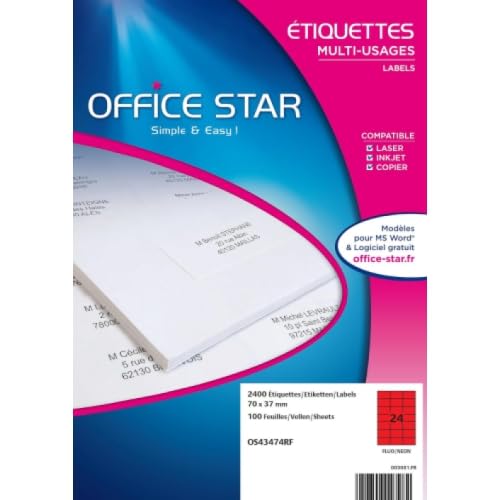 OFFICE STAR - Box mit 2400 selbstklebenden Mehrzweck-Etiketten, Neonrot, 70 x 37 mm, Tintenstrahl- oder Laserdrucker (OS43474RF) von Office Star