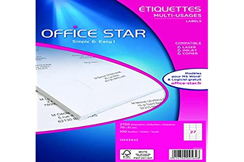 Office Star Mehrzwecketiketten, 70 x 31 mm, Weiß, 2700 Stück von 5 Star