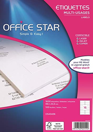 Office Star Bôite 1600 Etiketten vielseitig einsetzbar, 99,1 x 33,9 mm, weiß von Office Star