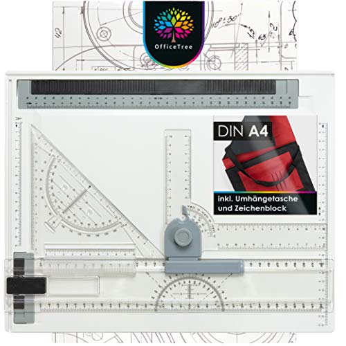 OfficeTree Zeichenplatte A4 - Inkl. Tragetasche, Schiebelineal, Geodreieck UVM. - Zeichenbrett A4 für exaktes Arbeiten - DIN A4 Zeichenplatte von OfficeTree