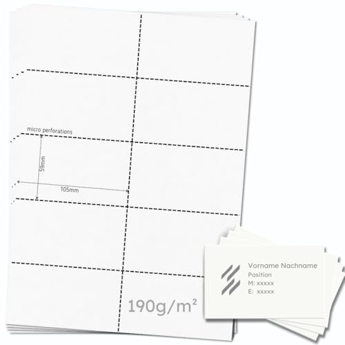 OfficeGear extra starke, bedruckbare Visitenkarten, 10-fach [25 Blatt – 250 Stück] – Perforierte 190 g/m² Firmen- und Namenskarten – 59 × 105 mm – Weiß – inkl. Designvorlage von OfficeGear