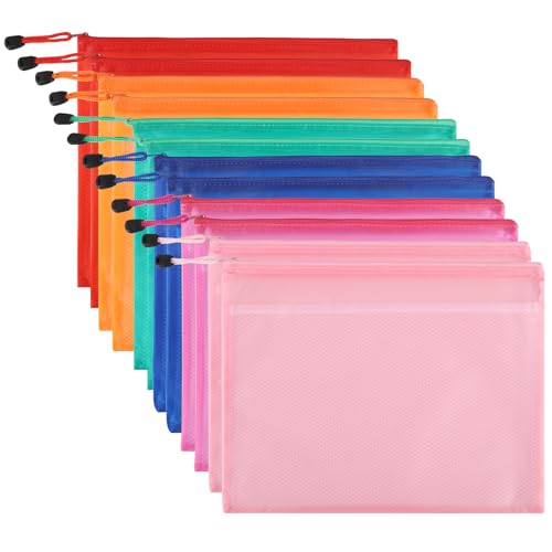 Dokumentenmappe aus Kunststoff, A4, doppelter wasserdichter Reißverschluss, Dokumentenmappe, Reise-Aufbewahrungstasche für Bürobedarf und Reisezubehör (12 Stück, 6 Farben) von OfficeSwift
