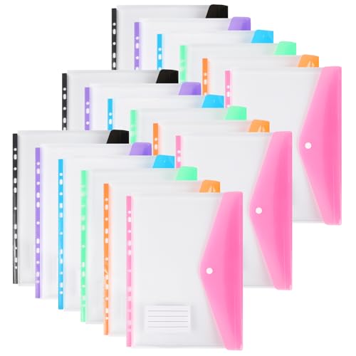 Kunststoffhüllen A4, gelocht, 11 Löcher, erweiterbare Ordner, Ordner für 2/3/4-Ring-Dokumententasche mit Druckknopf und Etikett, lose Blätter, transparent, für Büro, Schule, Zuhause (18 Stück von OfficeSwift