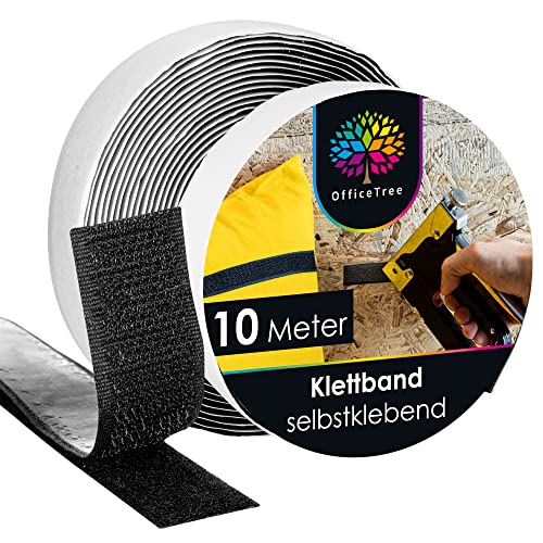 OfficeTree 10 Meter Klettband Selbstklebend Extra Stark - Schwarz 20mm - Doppelseitiges Klettband Extra Stark - Selbstklebende Klettbänder - Klettverschluss Selbstklebend für Fenster & Teppich von OfficeTree