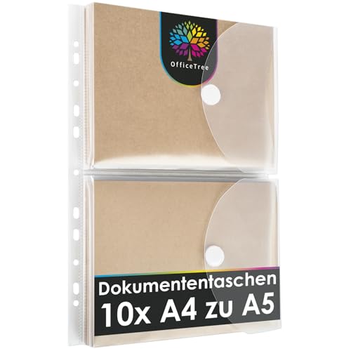 OfficeTree 10 x Dokumententasche A5 Abheftbar mit 120 Lochverstärker - Folientasche A5 - Dokumentenmappe A5 zum Abheften - Klarsichthüllen mit Klettverschluss und Abheftrand von OfficeTree