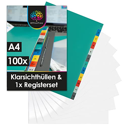 OfficeTree 100 Klarsichtfolien A4 + Trennblätter für Ordner A4 - Prospekthüllen A 4 - Klarsichthüllen für Ordner - Dokumentenhülle Gelocht von OfficeTree