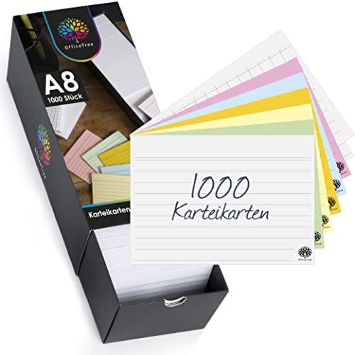 OfficeTree 1000 Karteikarten Set A8 - Karteikarten A8 Liniert, Kariert, Blanco und Bunt - Lernkarten mit Karteikarten-Box - Karteikarten für Englisch Vokabeln, Formeln und Notizen von OfficeTree