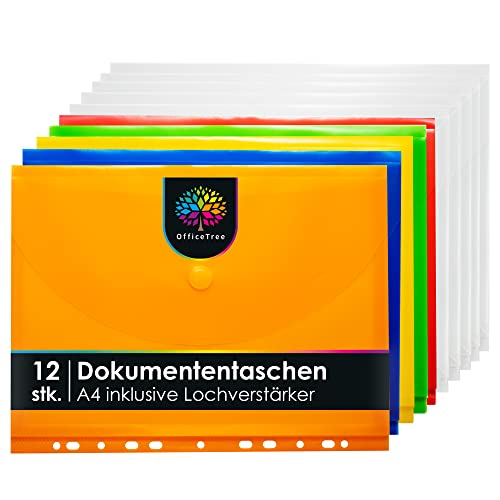 OfficeTree 12 x Dokumententasche A4 Bunt mit 240 Lochverstärker - 5 x Bunte Dokumententasche - 7 x Transparente Dokumententasche - Klarsichthüllen mit Klettverschluss und Abheftrand von OfficeTree