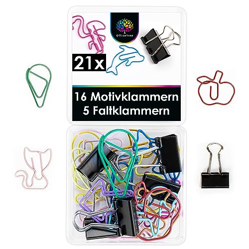 OfficeTree 16 x Büroklammern Motiv - Lustige Büroklammern Set inklusive 5 Foldback Klammern Klein - Binder Clips - Schreibtisch Büroklammern Deko in praktischer Aufbewahrungsbox (Bunt) von OfficeTree