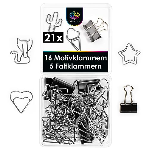 OfficeTree 16 x Büroklammern Motiv - Lustige Büroklammern Set inklusive 5 Foldback Klammern Klein - Binder Clips - Schreibtisch Büroklammern Deko in praktischer Aufbewahrungsbox (Schwarz) von OfficeTree