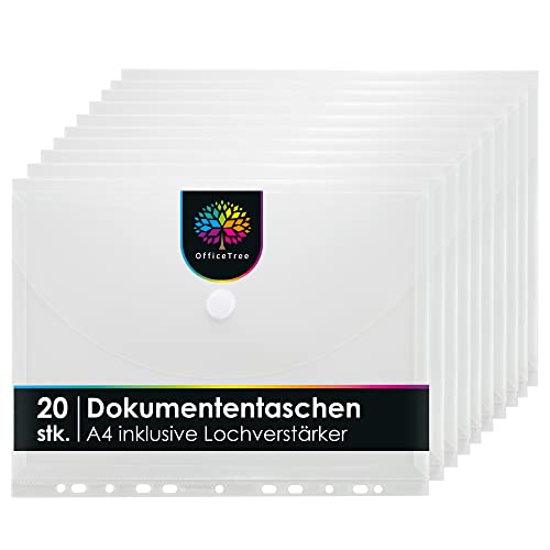 OfficeTree 20 x Dokumententasche A4 Abheftbar mit 120 Lochverstärker - Folientasche A4 - Dokumentenmappe A4 zum Abheften - Klarsichthüllen mit Klettverschluss und Abheftrand von OfficeTree