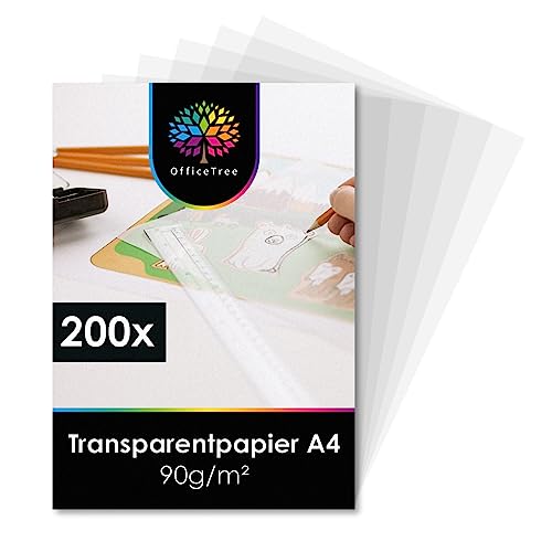 OfficeTree 200 Blatt Transparentpapier A4 Bedruckbar - Pergamentpapier A4 - Transparentes Druckerpapier auch als Pauspapier, Architektenpapier, Bastelpapier oder Laternenzuschnitte (200 x Transparent) von OfficeTree