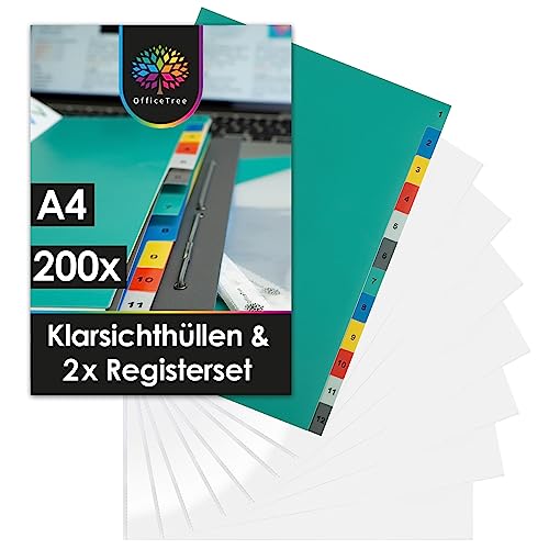 OfficeTree 200 Klarsichtfolien A4 + Trennblätter für Ordner - Prospekthüllen - Klarsichthüllen - Dokumentenhülle Gelocht von OfficeTree